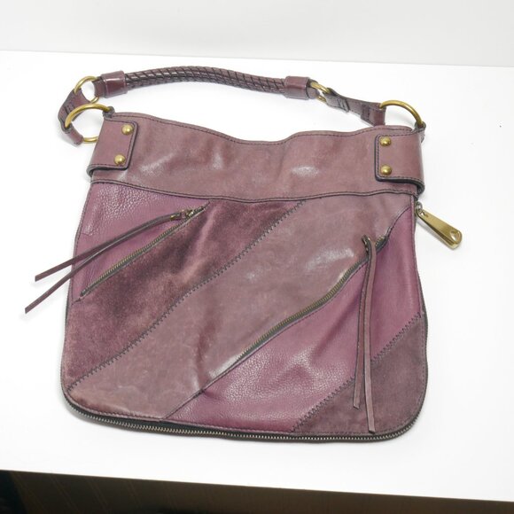 Leather Suede Fossil Fifty Four Shoulder Bag Patchwork Purse Side Zipper Plum - Picture 2 of 12